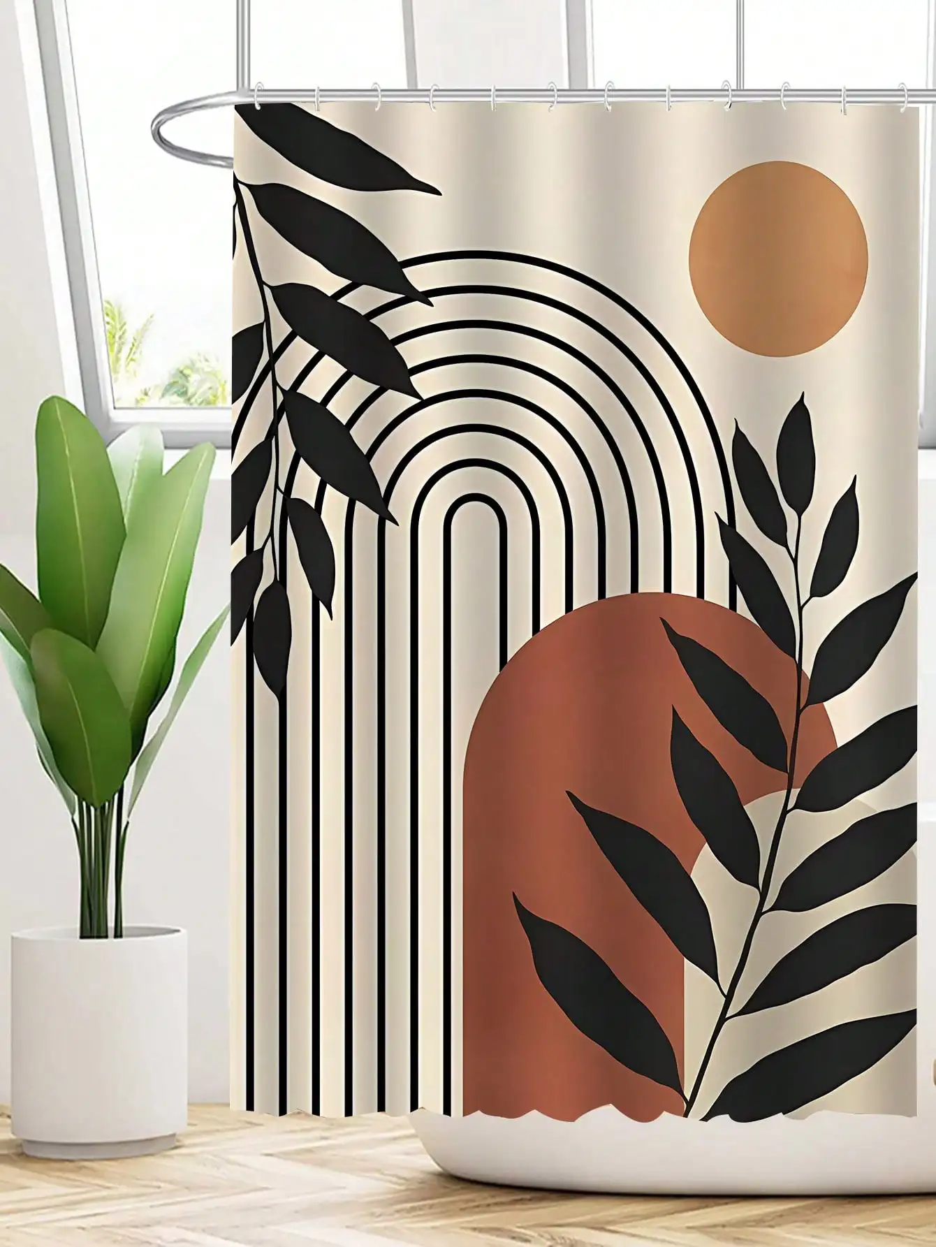 1pc Modern Style Geometric Printing Polyester Fabric Shower Curtain, Waterproof And Mold Resistant Bathroom Partition Curtain 3