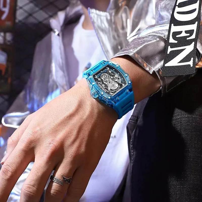 AILANG Men's Automatic Mechanical Watch Sport Silicone Strap Waterproof Luminous Tonneau Design Skeleton Wrist Watch For Men_voghion.com