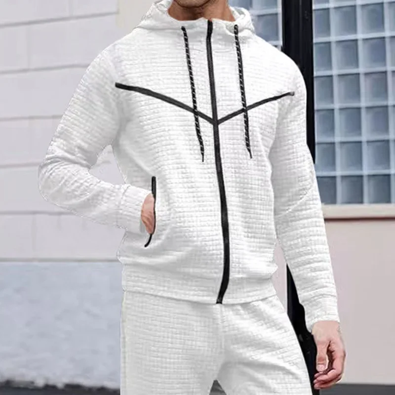 

2024 Spring Solid Jacquard Zipper Hoodies for Men Slim-fit Running Sports Sweatshirts Male Autumn Waffle Casual Hooded Jackets
