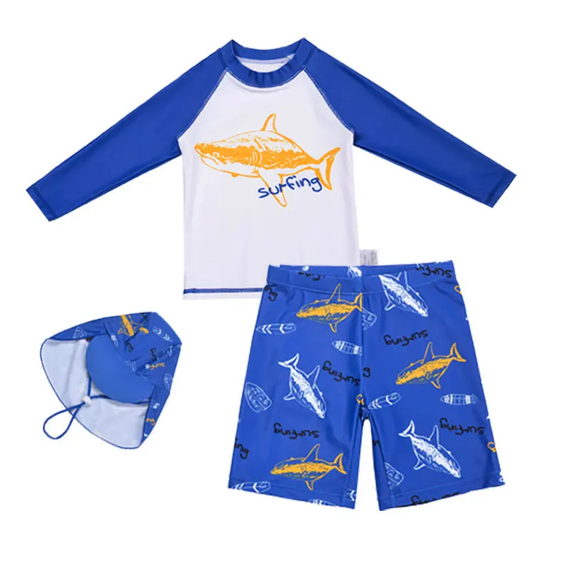 3 Pcs Boy's Swimsuit Sun Protection UPF 50+ Long Sleeve Swimming Sunsuit With Hat Split Bathing Suits Children boys swimwear