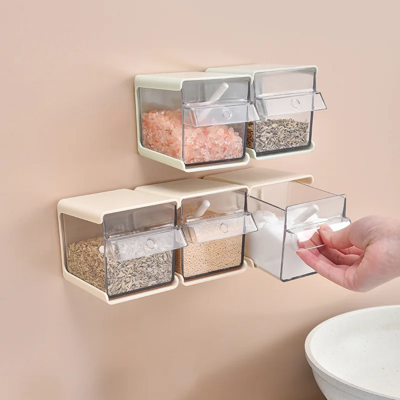 

Kitchen Wall Mount Spice Rack Organizer Sugar Pepper Salt Shaker Jars Seasoning Container Storage Shelf Spice Boxes With Spoons