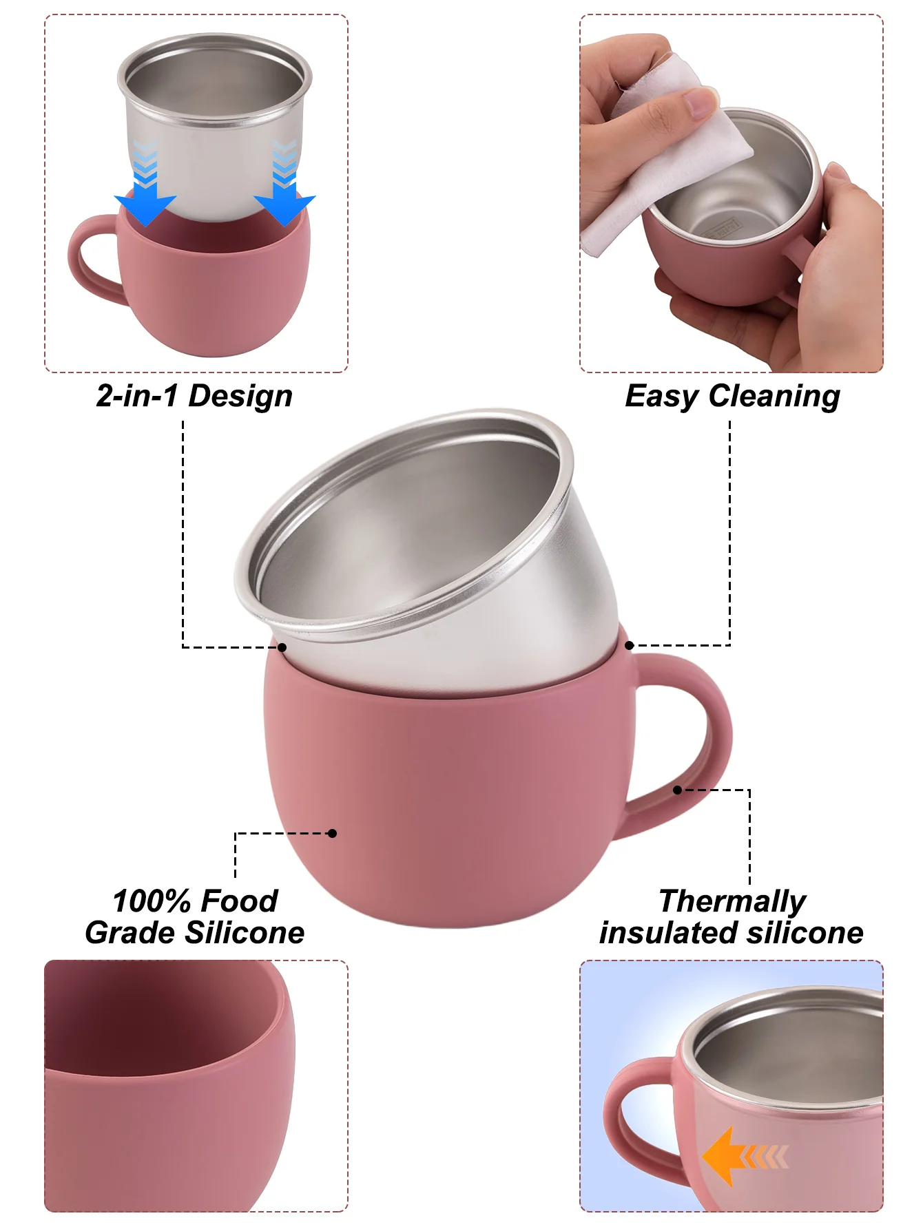 1PCS 스테인리스 스틸 컵 용 BPA 프리 탈착식 실리콘 스파우트 싱글 핸들 학습용 컵 안전한 어린이 물병