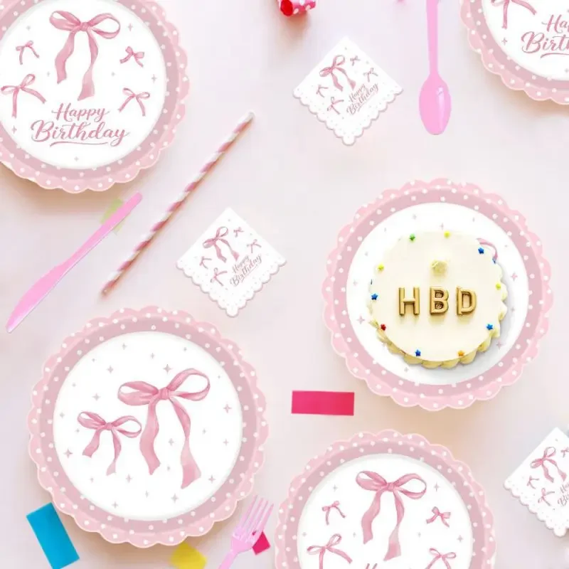 80/140pcs Disposable Tableware Set, Pink Bowknot Theme Party Decoration Supplies, Birthday Party Decoration Accessories Supplies