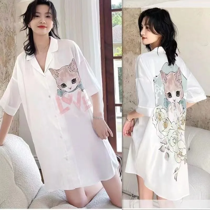 Sexy nightgown women summer ice silk cool silky loose cardigan shirt women nightdress can be worn outside summer dress