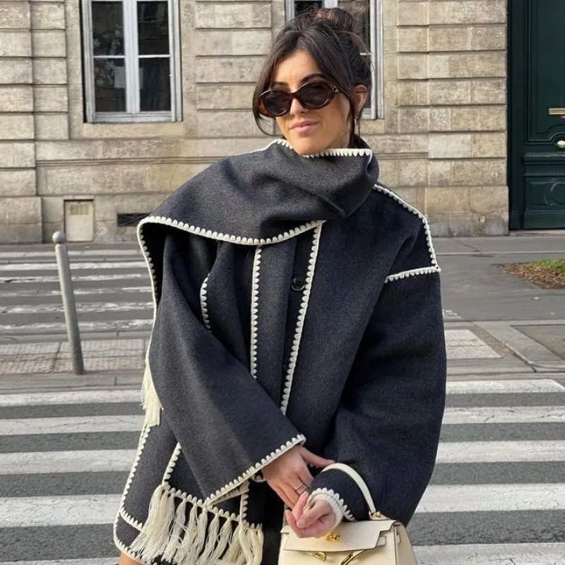 Fashion Tweed Jacket Autumn Women Coat with Scarf Long Sleeve Pocket Outerwear Single-breasted Quilted Warm Loose Coat Tassel