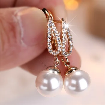 Tassel Pendant White Zircon Simulated Pearl Hoop Earrings For Women Vintage Gold Color Ear Buckle Wedding Jewelry Versatile Gift