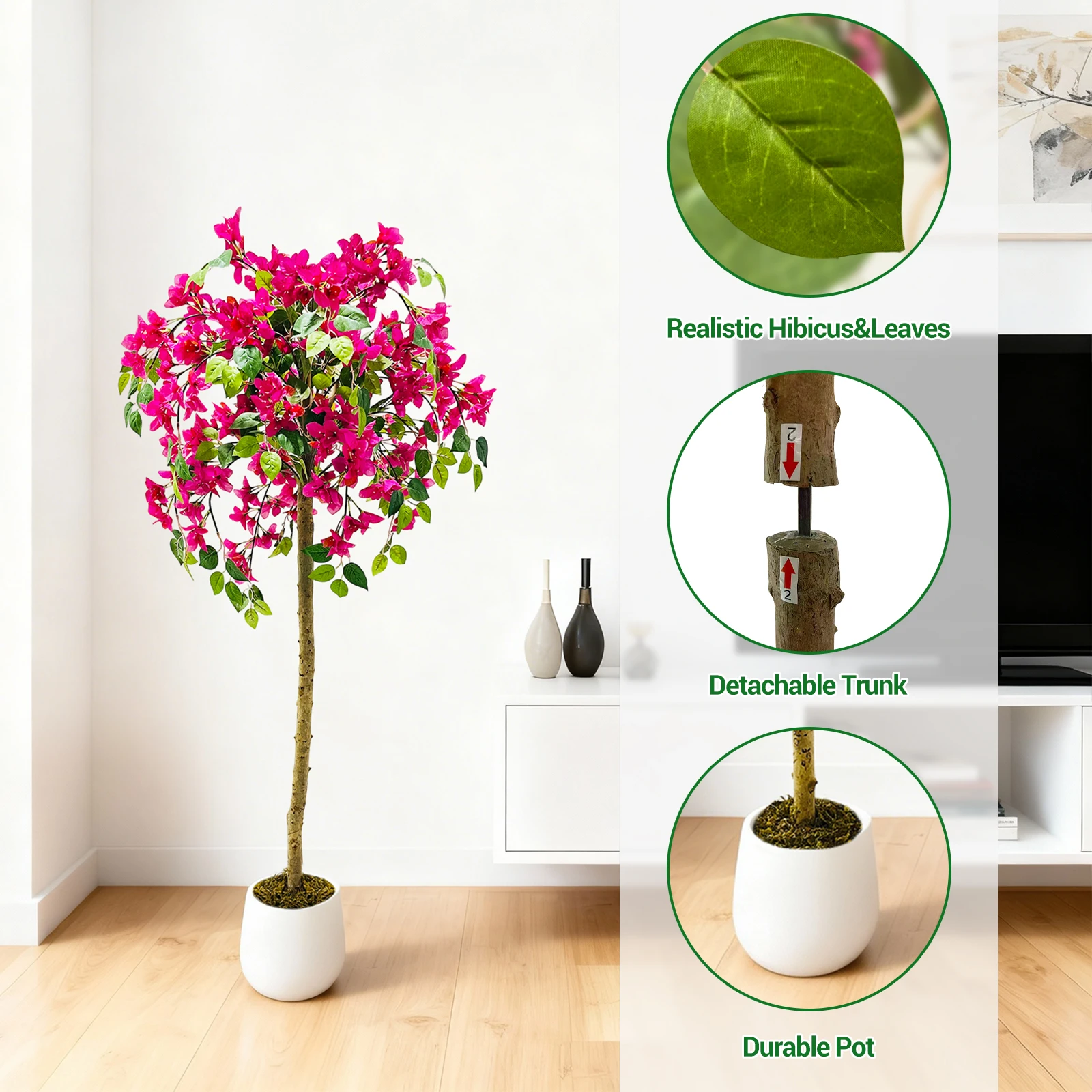 150 cm künstlicher Bougainvillea-Baum mit rosa Blumen im Topf, realistische künstliche Baumpflanze für drinnen und draußen, Büro, Gartendekoration – Detail 8