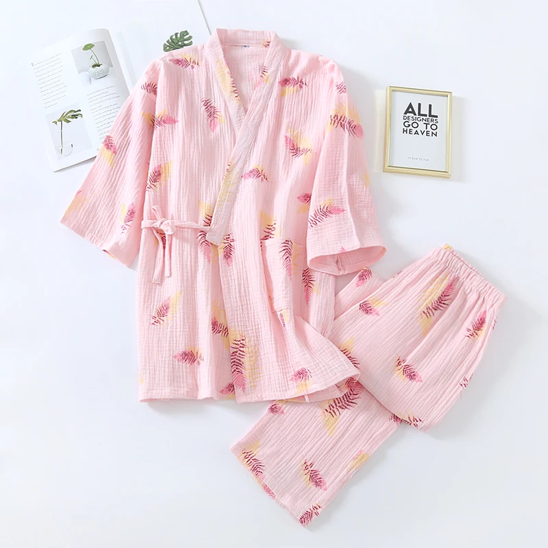 

New Spring Summer Pure Cotton Pajamas Sleepwear Female Pijama Pyjama Femme Crepe Loungewear Clothes Suit Kimono Set Home Service