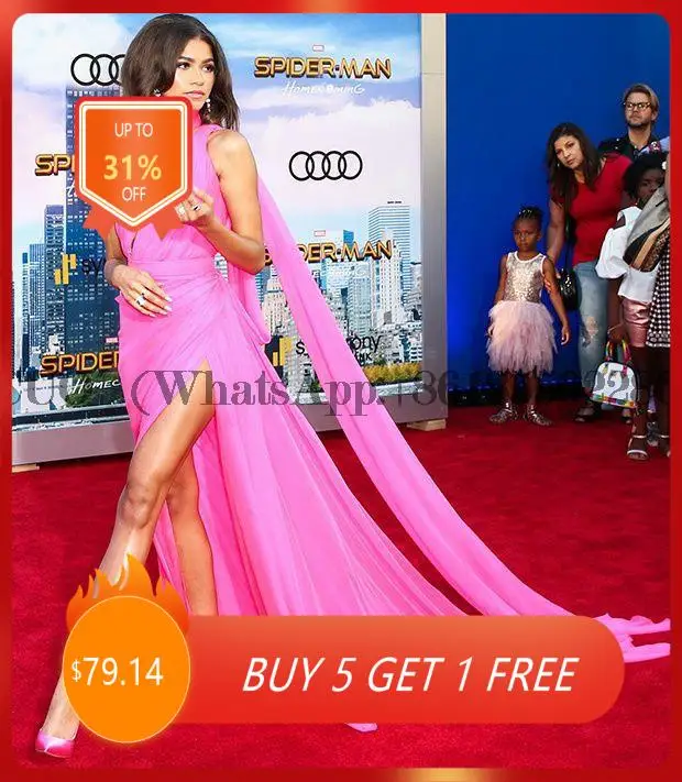 

Long High Neck Hot Pink Celebrity Dresses with Slit Robe De Soiree Floor Length A-Line Chiffon Pleat Formal Gowns for Women