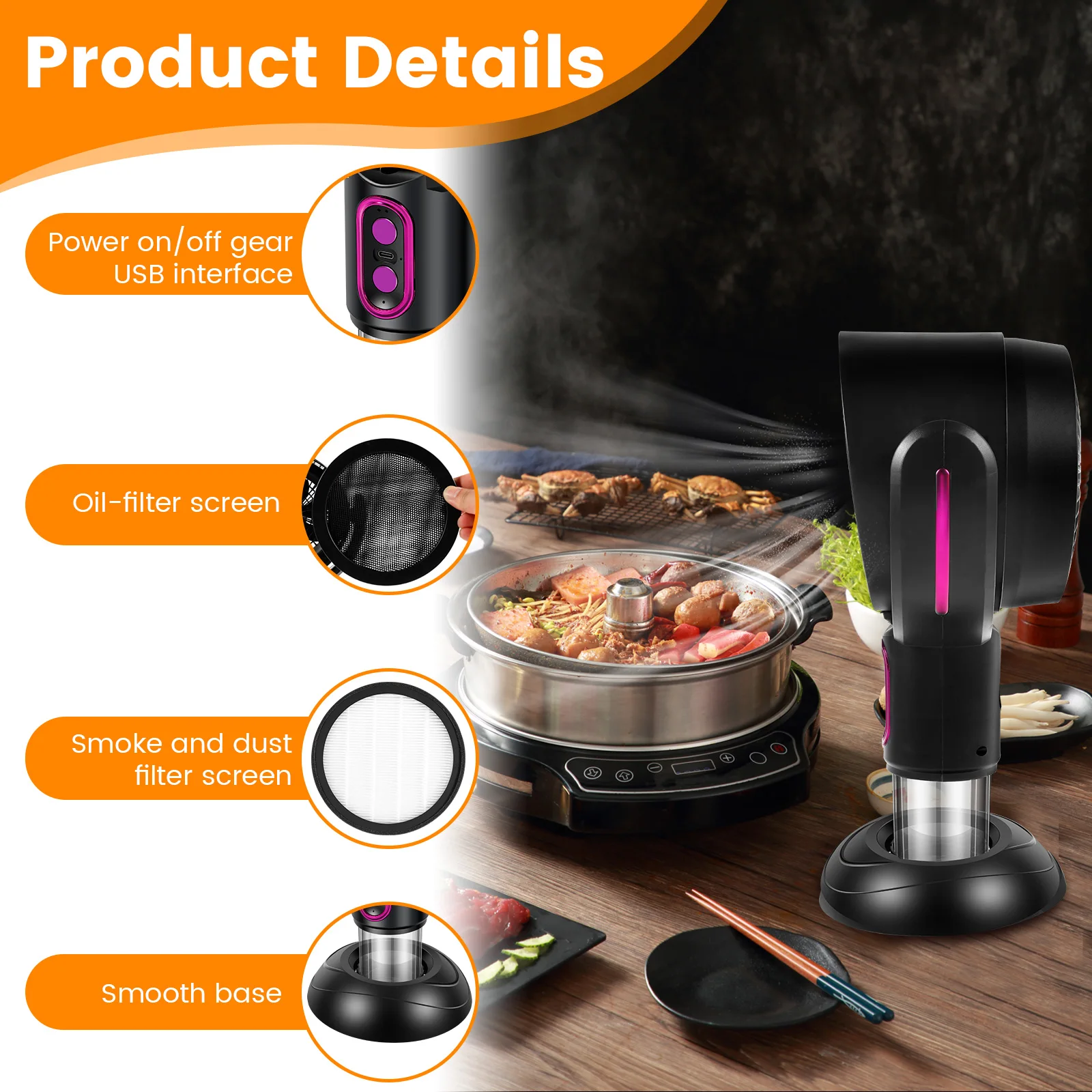 Portable Range Hood For Cooking Table Range Hood Vent Kitchen Hoods 2 Speed Exhaust Fan Retractable Negative Ion Air Purifier