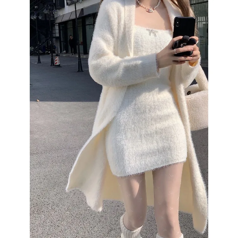 Two-piece Suit Dress Skirt Sets Women Autumn Winter Mink Cardigan Mini Dress Y2k Sexy Slim White Black Suit Streetwear Sweater