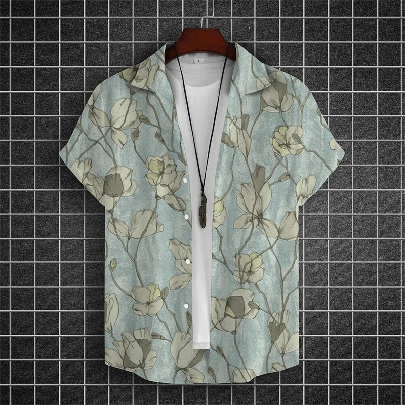 Simple Hawaiian Men's Beach Shirts 3d Flower Print Summer Casual Short Sleeve Daily Street Tops Tees New Fashion Men Clothing 6