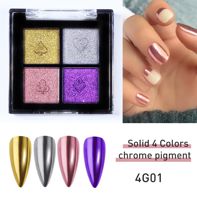 Polvo de efecto espejo sólido para uñas, paleta de polvo de uñas cromado para arte de uñas DIY con barra de sombra de ojos, 4 colores