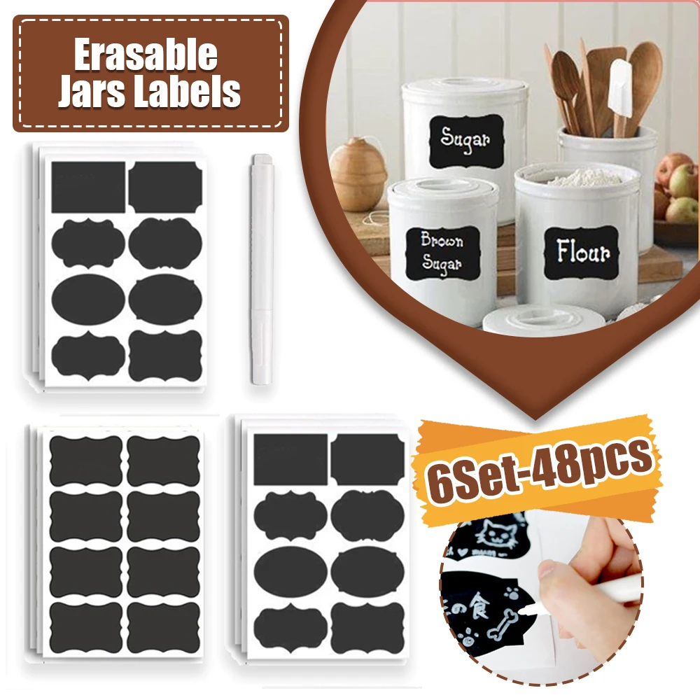 Label Stickers 48pcs/Set Jars Erasable Chalkboard Waterproof Sticker Craft Kitchen Blackboard Sticker Bottles Tag and Marker Pen