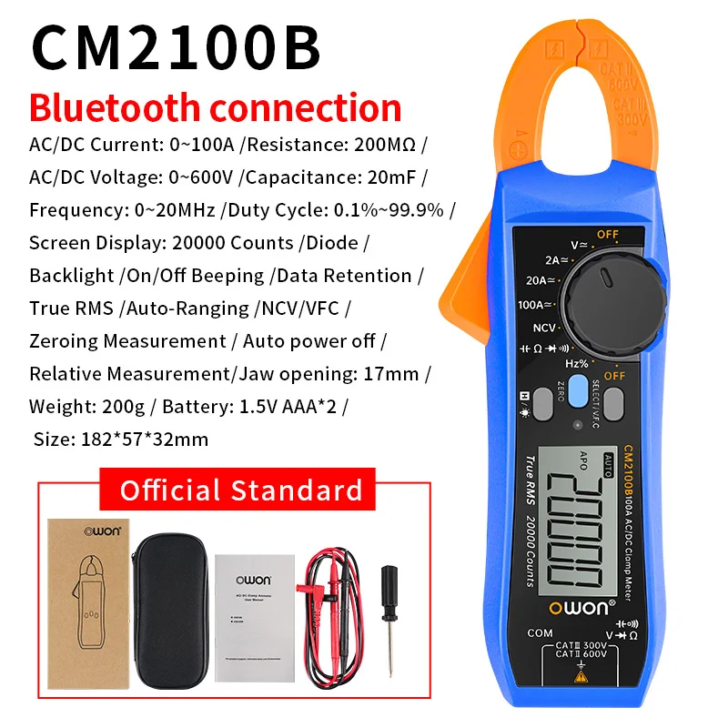 OWON CM210E – Pinza Amperometrica Digitale Mini 100A True RMS | Multimetro AC/DC, Capacità, Frequenza, VFC - 4