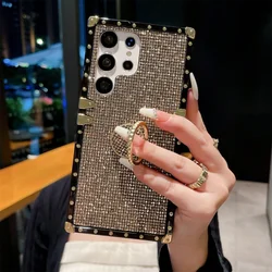 Luxury Bling Sequin Glitter Square Phone Case with Diamond Grip Ring Gift - S25 Plus (Golden)