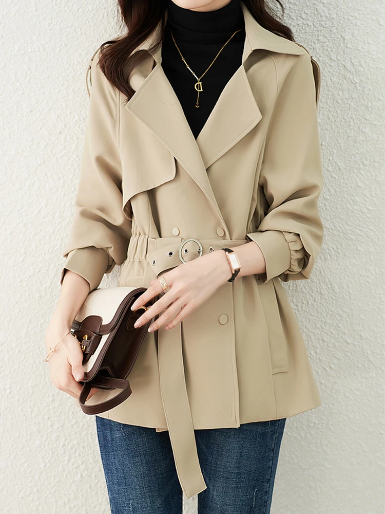 

FTLZZ New Spring Autumn Women High Street Lapel Trench Female Fashion Casual Double Breasted Lace-up Solid Color Coat Jacket