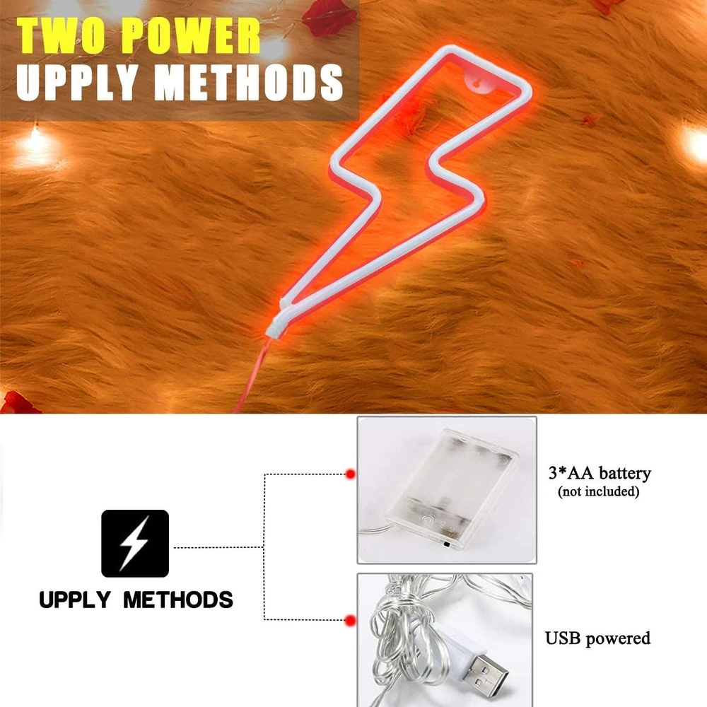 Neon Lightning Bolt LED Sign - USB-Powered Decorative Wall Light