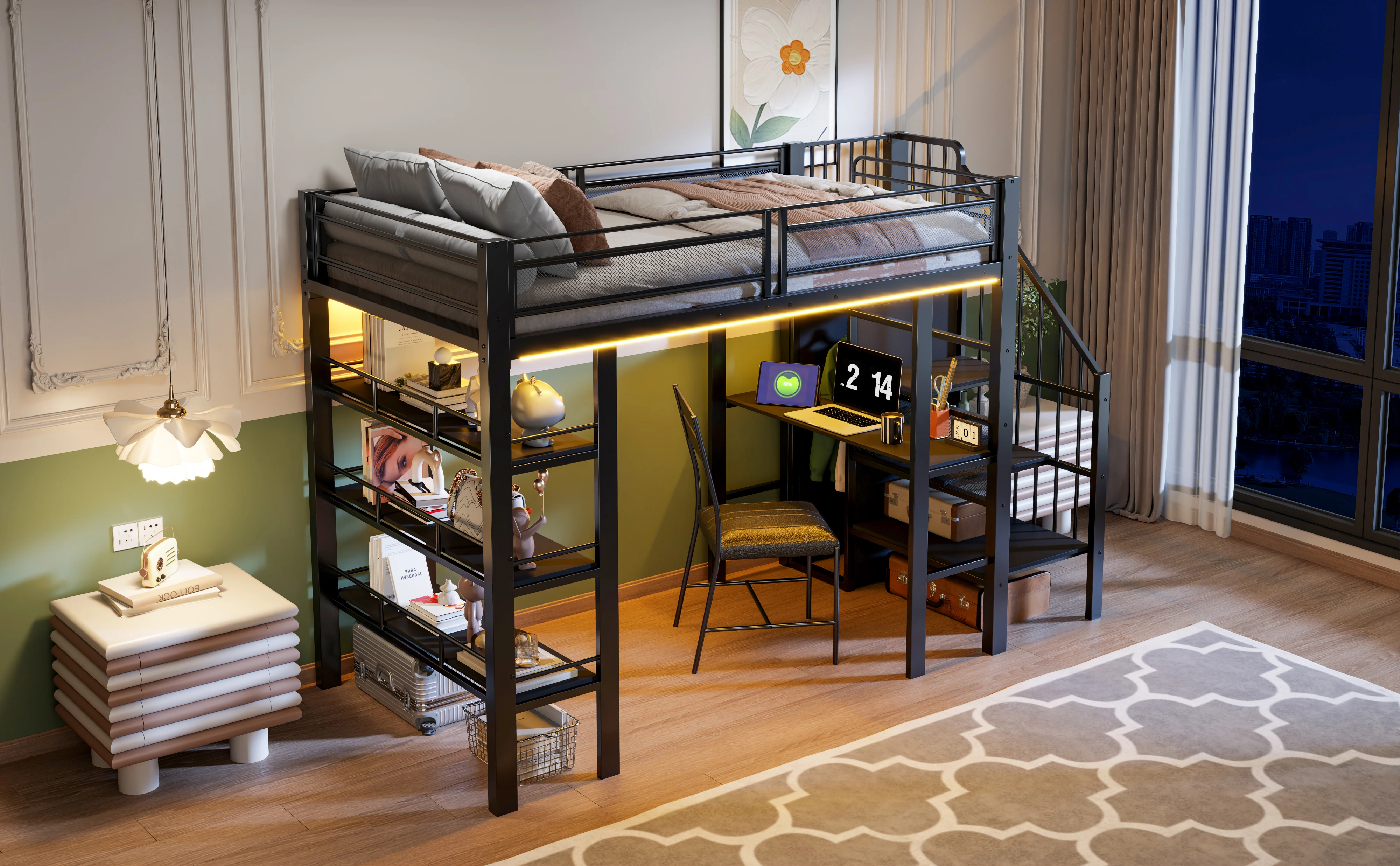 90x200cm Hochbett, mit LED-Lichtleiste und Steckdose, Schmiedeeisernes Bett mit Stauraum und Bücherregal, Einzelbett – Detail 1