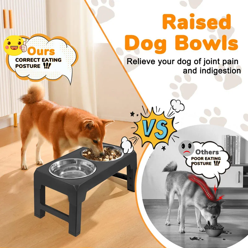 Elevated Raised Pet Dog Feeder Bowl Stainless Steel Food Water Stand+ 2pcs  Bowls