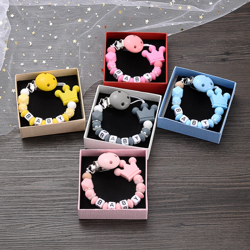 Boxed Personalized Name Baby Nipple Clips Silicone Beaded Soother Pacifier Chains DIY Nursing Toys Anti-Drop Dummy Holder Chain 3