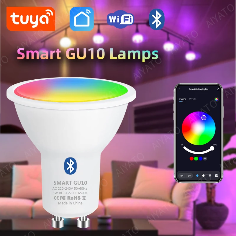 Tuya GU10 램프 앱 제어 스마트 전구, 와이파이 블루투스, RGB 220V LED 전구, 5W 밝기 조절 스마트 라이프, 룸 홈 그룹