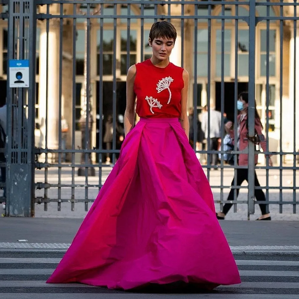 Fuchsia Long Maxi Skirt For Women Satin Office Lady Skirt High Waist Evening Formal Sirt To Party