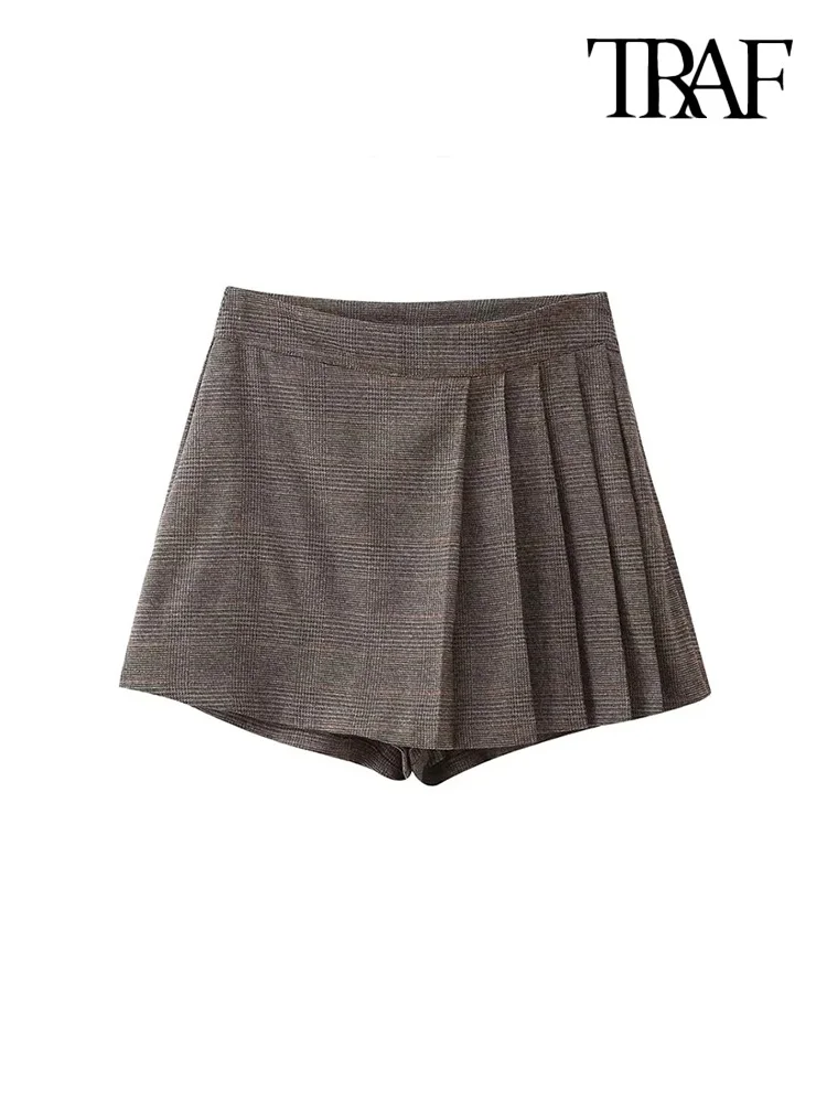 

TRAF Women Fashion Check Pleated Short Skirts Vintage High Waist Side Zipper Female Skort Mujer