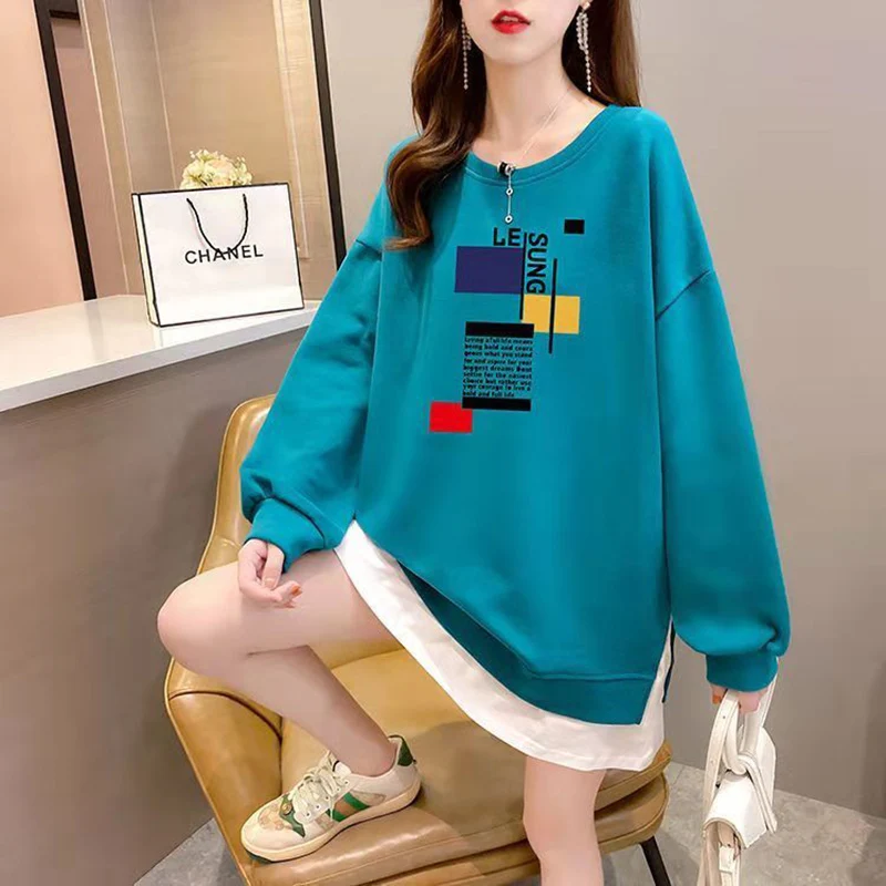 Fashion Printed Spliced Fake Two Pieces Sweatshirts Female Clothing 2023 Autumn Winter Loose Casual Tops All-match Sweatshirts
