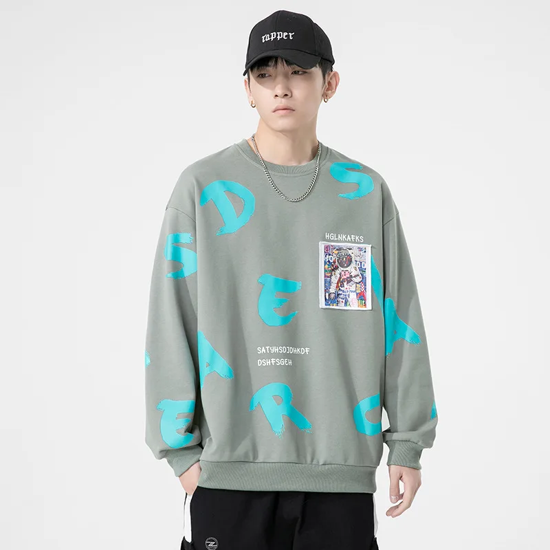 

Men's Long-Sleeved Hoodie Shirts 2023 Spring Autumn New Korean Version Fashion Brand Loose Printed Crewneck Couple Coat White