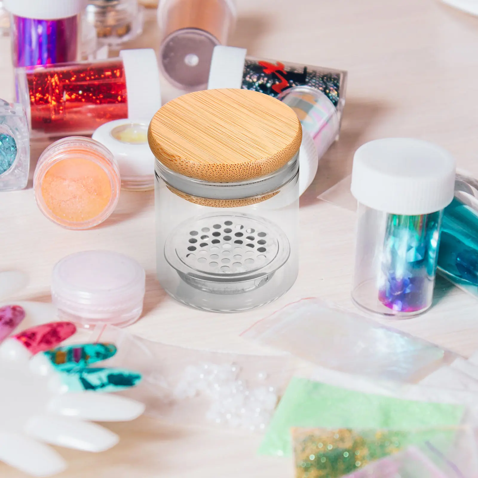 대용량 높이가 있는 유리 브러쉬 컵 네일아트 디쉬 매니큐어 네일 브러쉬 세척 컵 나무 유리 글리터 장식 안정적인 디자인