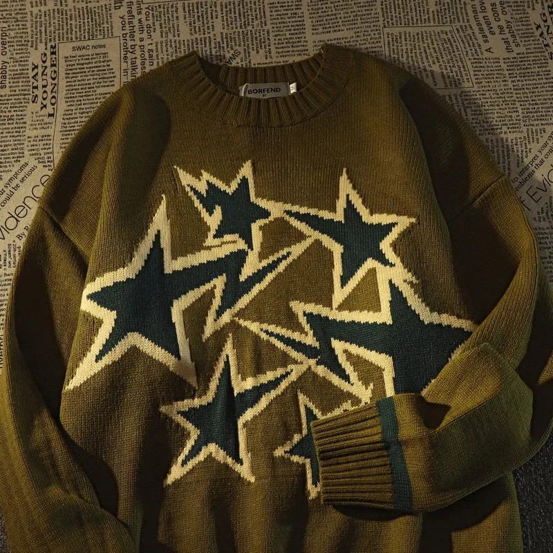 

American Retro High Street Star Sweater Men Women Winter New Loose Korean Version Of The Lazy Wind Knitted Jacket Pullover Tops