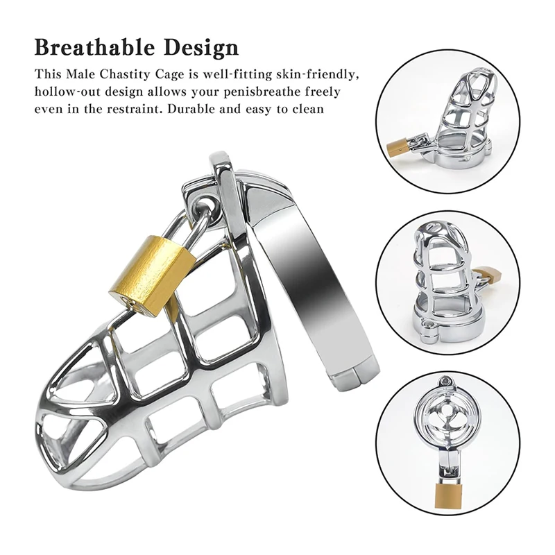 Adjustable Male Chastity Cage Metal Penis Lock, Anti-Cheating Device with 3 Cock Rings & Urethral Plug BDSM Restriction Toys