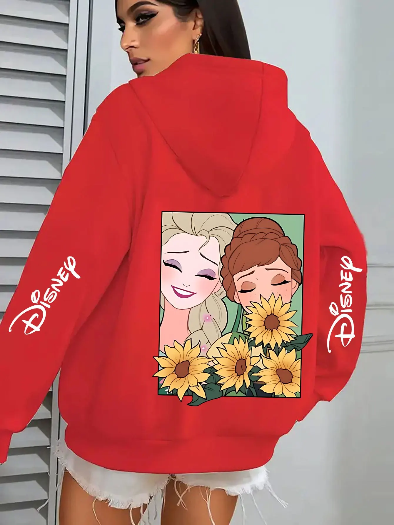 Disney Frozen Elsa and Anna Flower Design, Small Cage Pink Pullover, Casual Sportswear, Ordinary Fitted Women's Winter Clothing