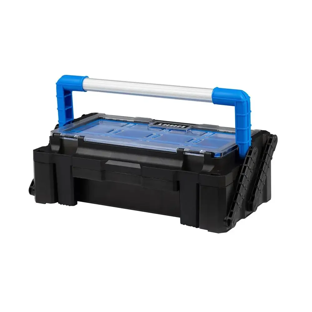HART 18" Cantilever Organizer Resin Tool Storage Black Blue Accents Bins Metal Latches Stable Base Storage Solution Easy 6