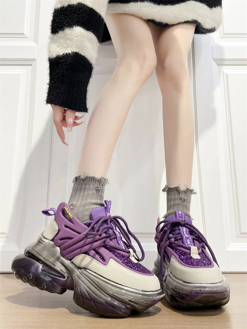 

Flat Platform Daddy Shoes Women Patchwork Air Cushion Elastic Shoes Thick Sole Shock-Absorbing Spaceship Sneakers Woman 2023