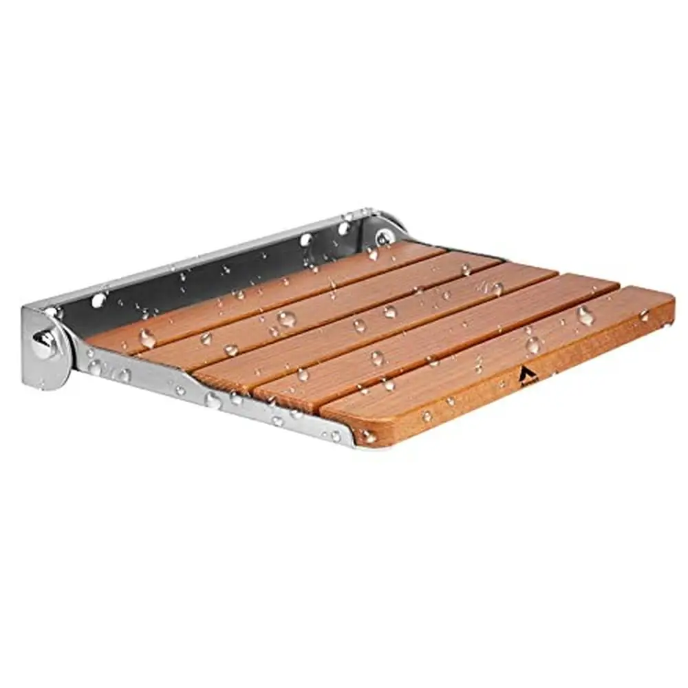 Wall Mounted Foldable Teak Shower Seat Bench Home Care Waterproof Non-Slip Space-Saving Easy Installation 440lbs Capacity 2