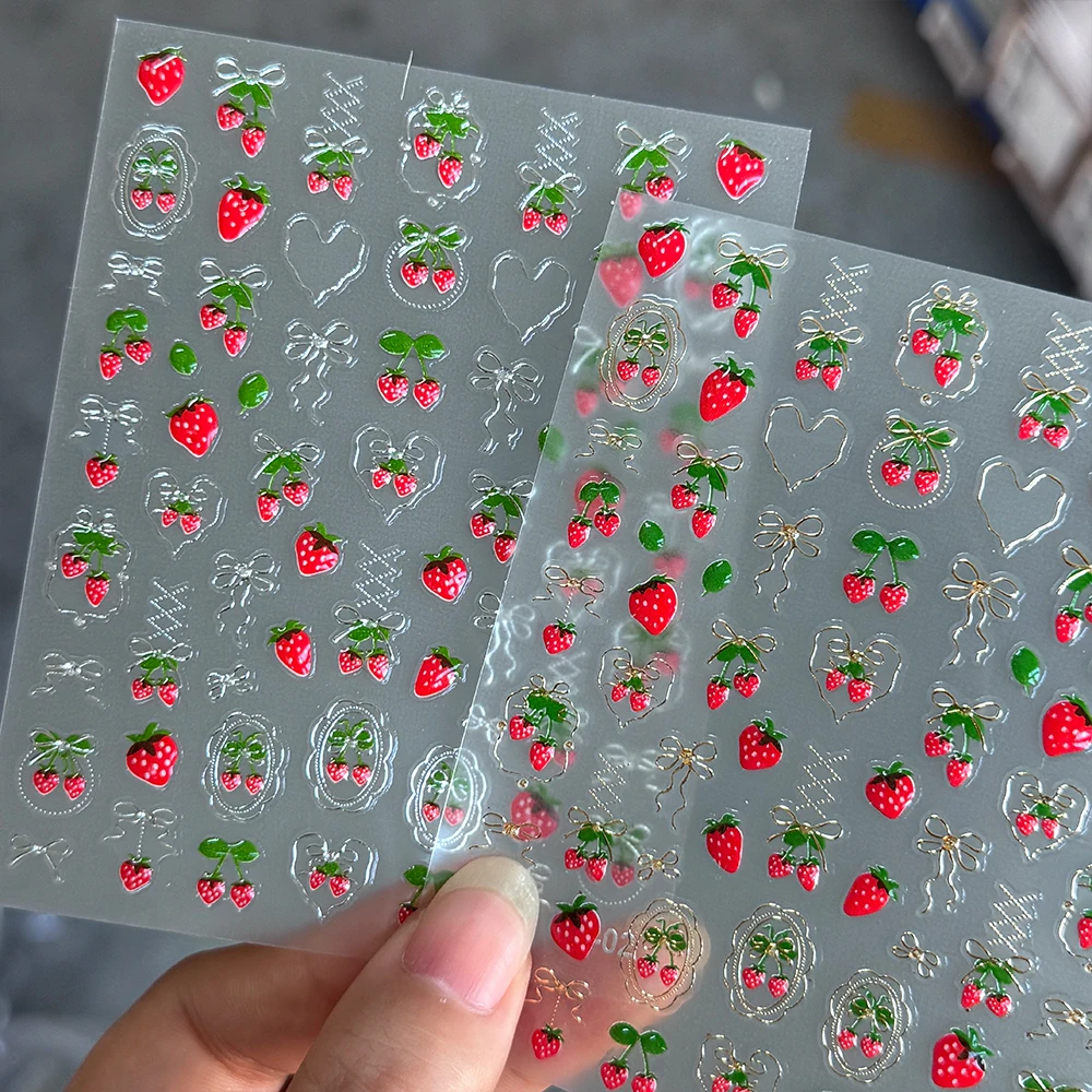 5D 신선한 딸기 리본 사랑 네일 스티커 금색 은색 리본 하트 젤리 디자인 딸기 네일 데칼 DIY 네일 장