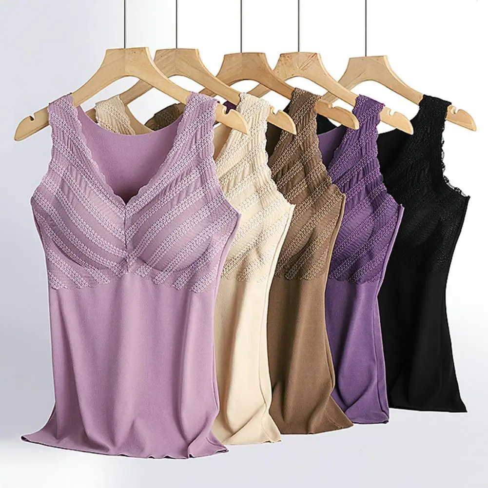 

Women Autumn Winter Thermal Vest V-neck Lace Stitching DE Velvet Lining Bottoming Vest Seamless Padded Warm Large Size Underwear