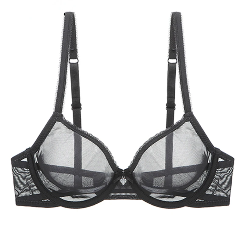 

Sexy Black Women Bra Lace Mesh See Through Underwear Stretch Hollow Lingerie Lace Solid Soft Bras for Women Push Up Bra