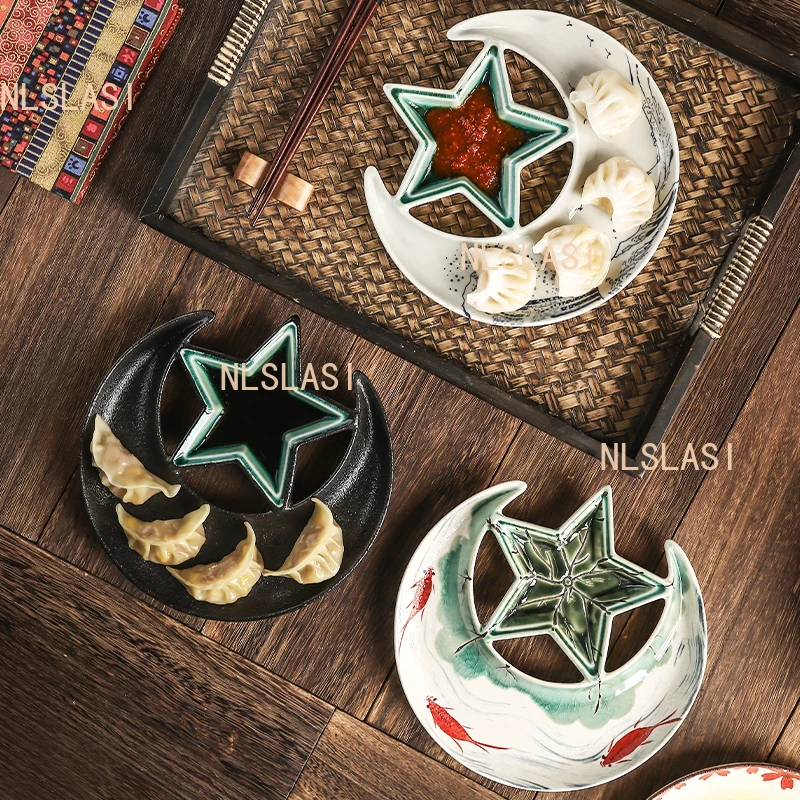 Ceramic Dumpling Dish Vinegar Dish, Star Shaped Japanese Tableware Creative Breakfast Dish Underglaze Color Craftsmanship