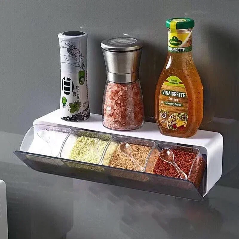 4-Grid Wall Mounted Seasoning Box, Household Kitchen Storage Container, Spice Salt Sugar Storage Container Combination Set 4