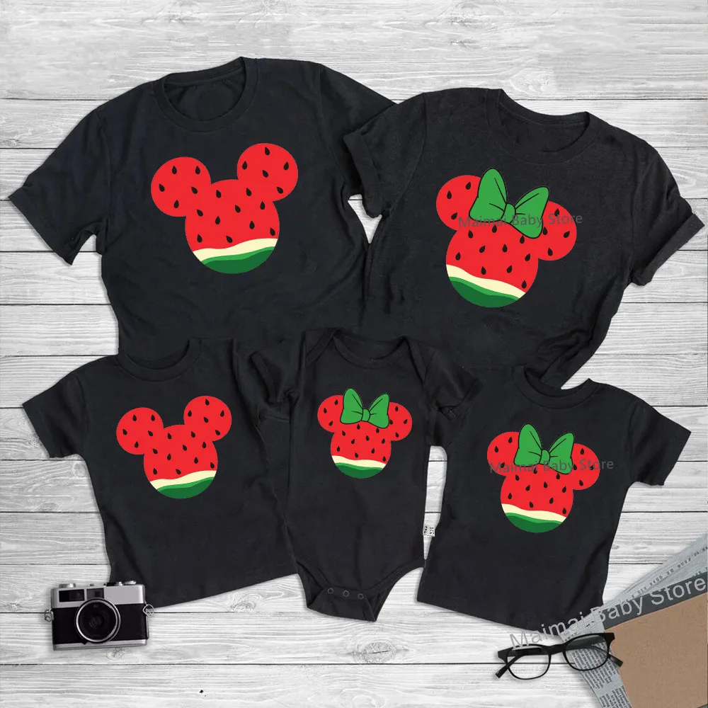 

Funny Watermelon Mickey Minnie Mouse Head Print Family Matching Shirts Dad Mom Kids Tshirts Tops Look Family Vacation Outfits