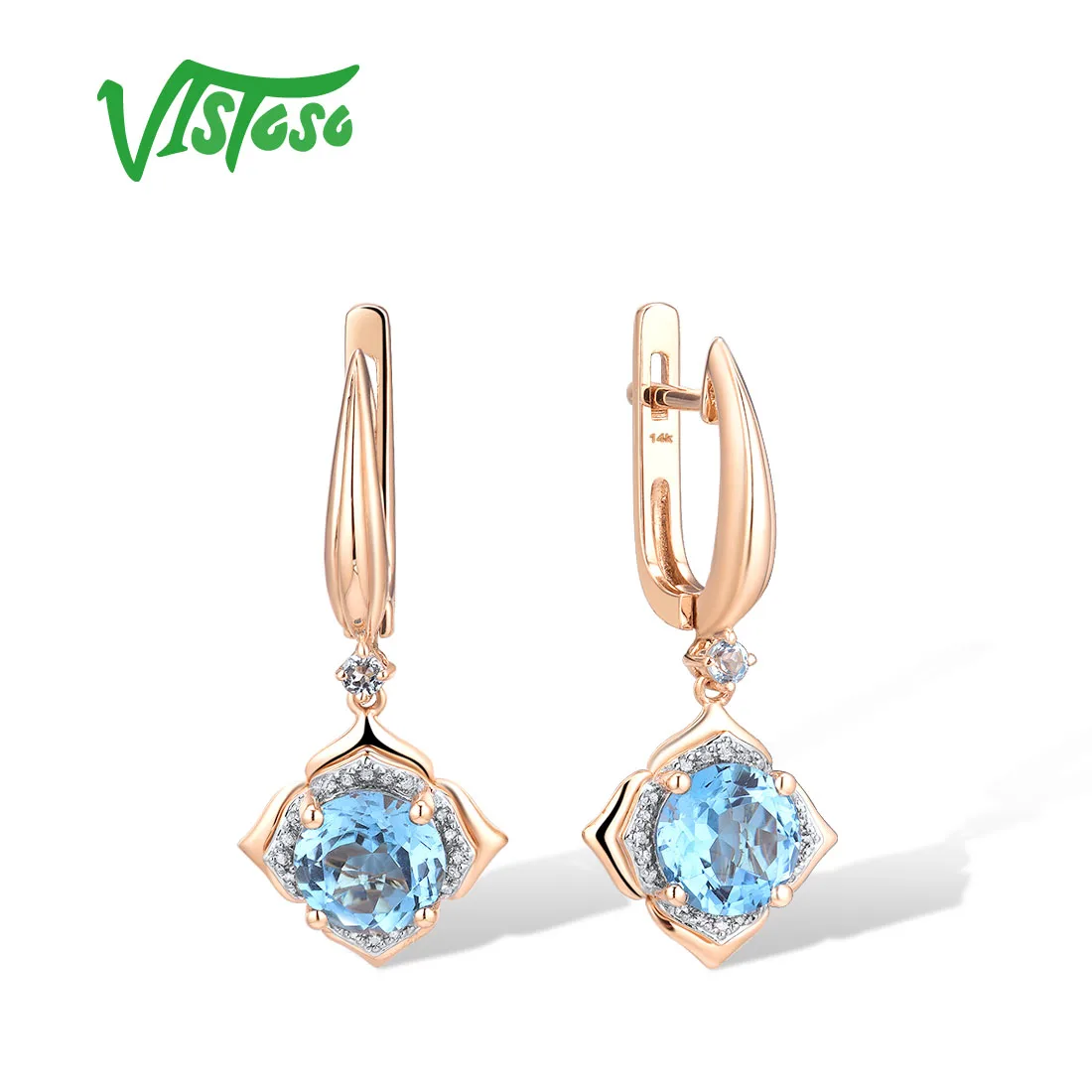 

VISTOSO Real 14K 585 Rose Gold Earrings For Women Sparkling Diamond Swiss Blue Topaz Delicate Wedding Engagment Fine Jewelry