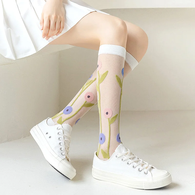 

Transparent Thin Print Summer Women Crystal Silk Long Socks Floral Cartoon Sweet Girls Ultra-thin Stocking