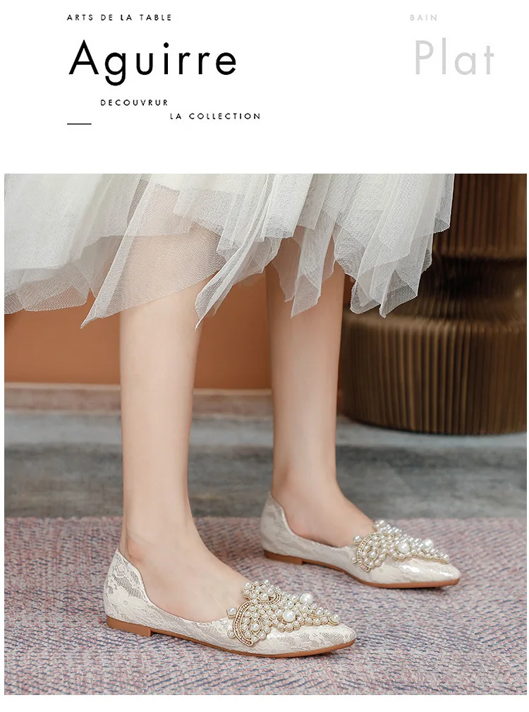 Shoes Women 2023 Designer Beads Wedding  Lace Embroider Flats Woman Ballerina Pointed Toe Pearl Loafers Sneakers Plus Size