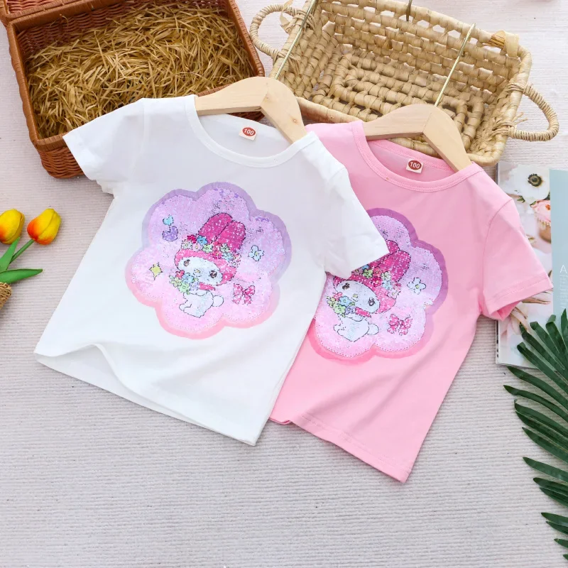 Sanrio Girl Short Sleeve T-Shirt Hello Kitty Kuromi Cinnamoroll Girls' Cotton Material T-shirt Multi Colored Cartoon Pattern Top 2