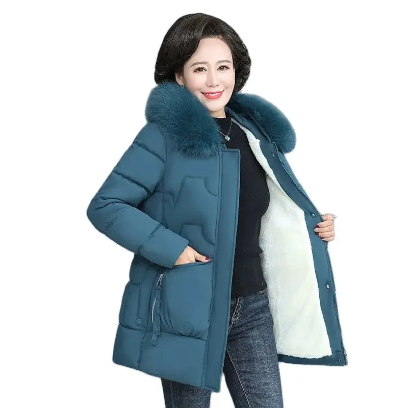 

Medium Long New Fashion Middle-Aged Elderly Mother Women's Thick Add Velvet Autumn Winter Keep Warm Coat Cotton-Padded Jacket