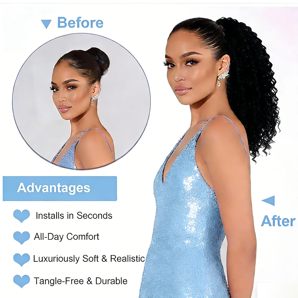 블랙 컬리 드로스트링 포니테일 연장머리 100% 인모 흑인 여성용 간편 착용 가벼운 포니테일 데일리용