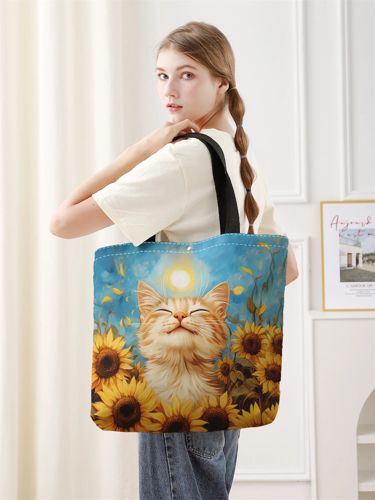 1pc，Cute cat pattern handbag, reusable fashionable handbag, multifunctional handbag, printed canvas shopping bag